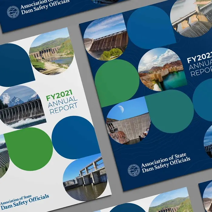 Covers of ASDSO’s 2021 and 2022 Annual Reports, each with circular dam photos
arranged over blue and green shapes for a cohesive brand look.