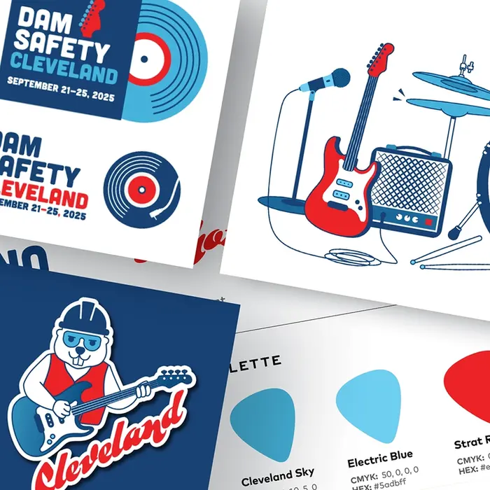 A collage showing vibrant red and blue rock-and-roll-themed branding for Dam Safety 2025 in Cleveland,
featuring Bucky the beaver playing guitar, a record-inspired logo, guitar-pick color swatches, and banner ads.