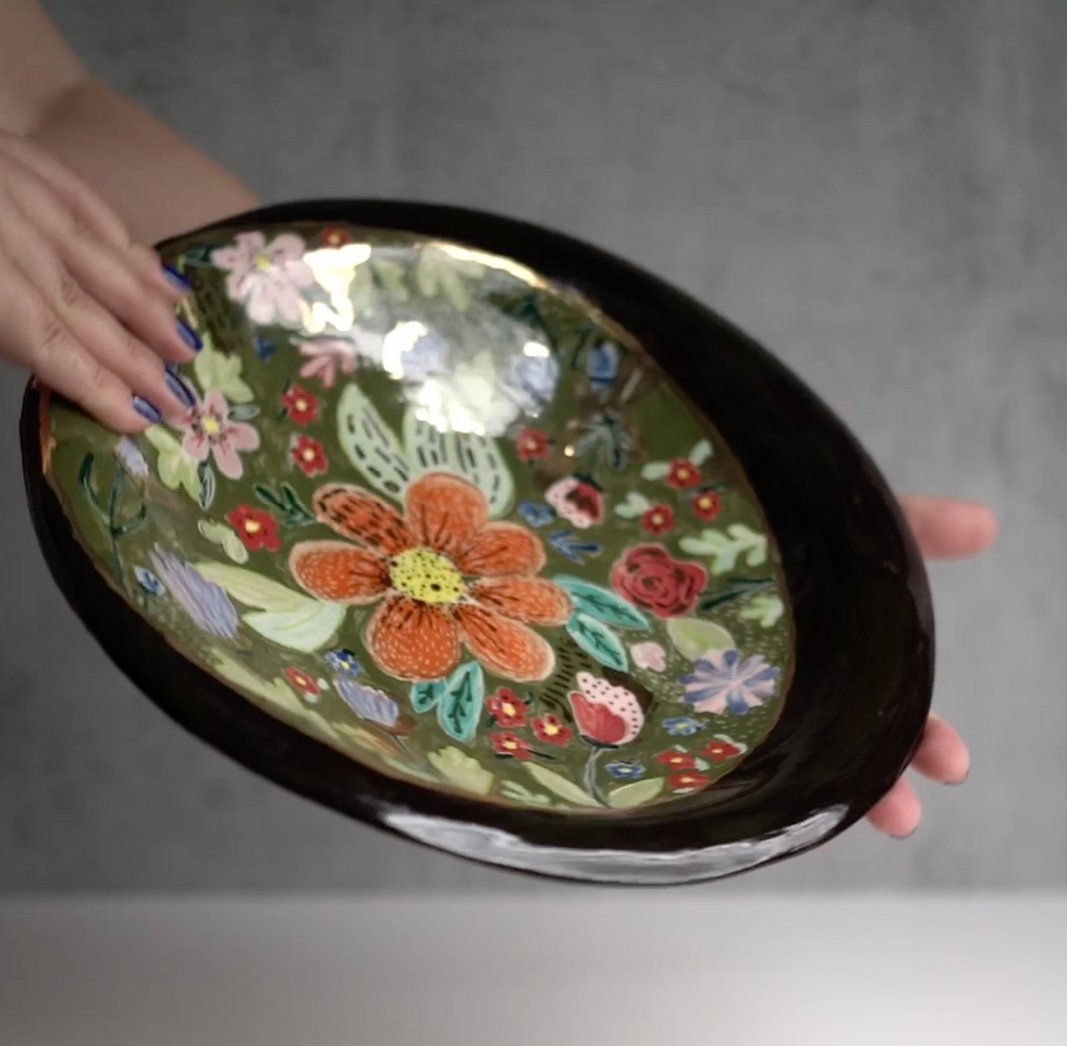Stoneware Seramik Çiçek Desenli Dekoratif Tabak