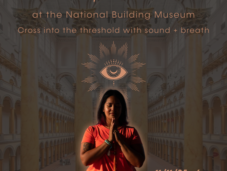 Johanna meditating, national building museum in washington dc in the background