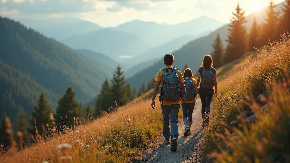 High angle view of a family hiking on a scenic trail