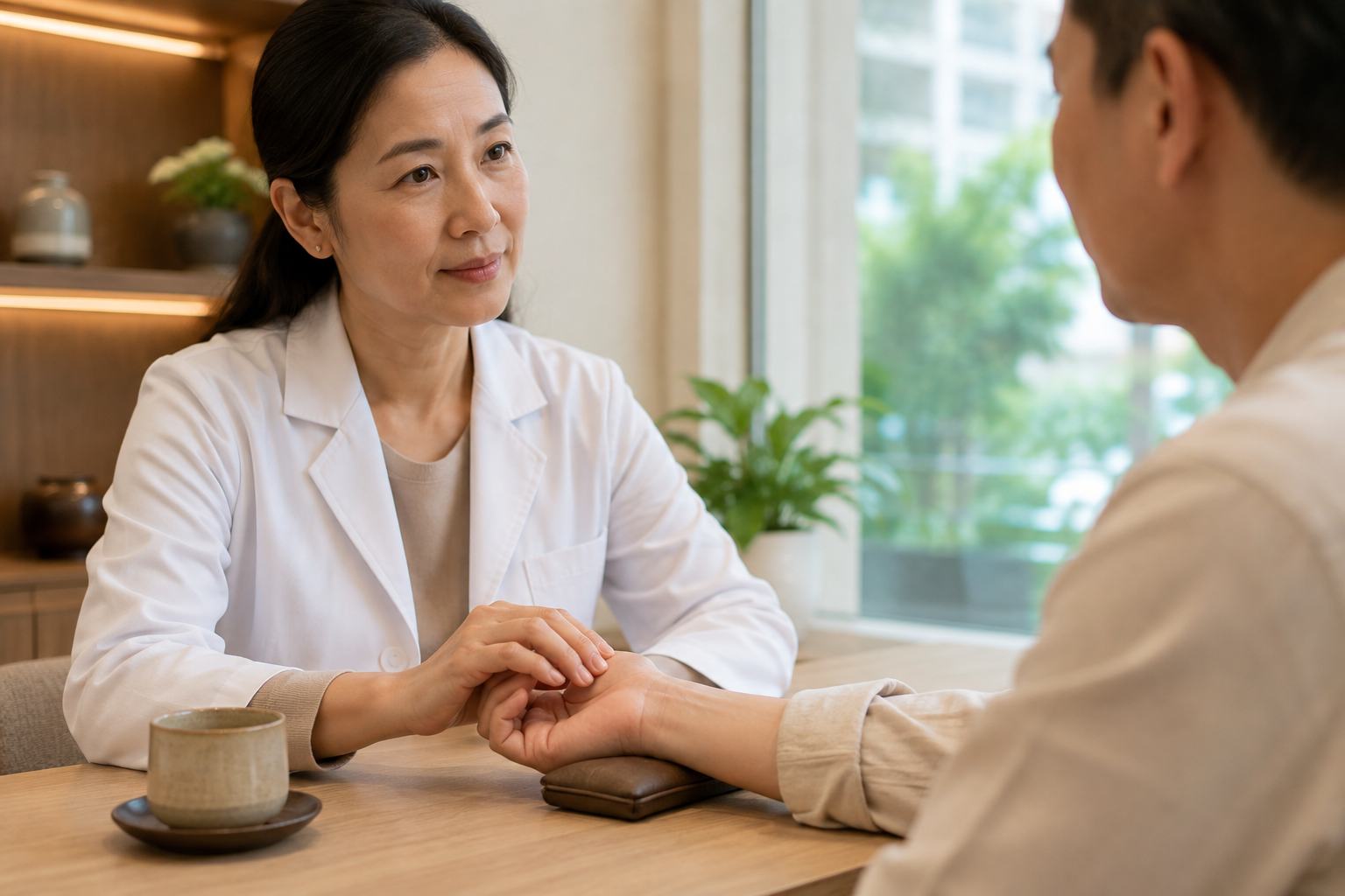 TCM physician taking a patient’s wrist pulse