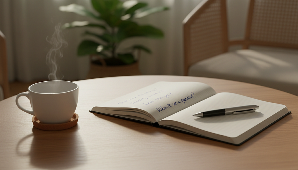 Illustration of a notebook and tea for preparing consultation questions