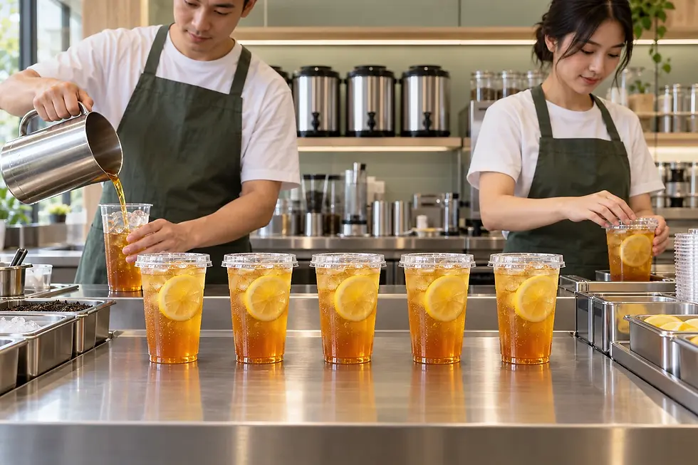 Matching iced lemon teas on a counter as staff prepare drinks