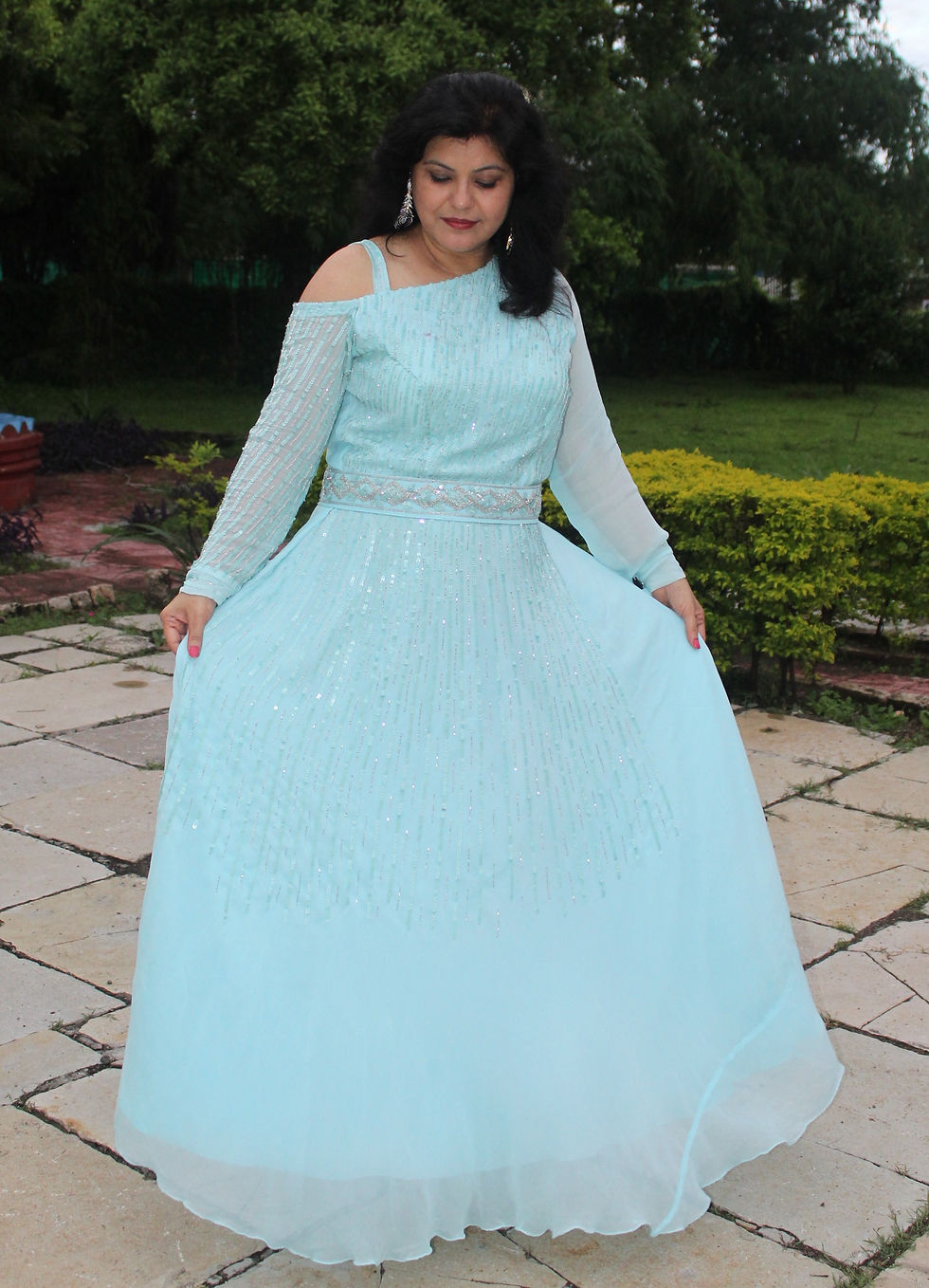 Powder Blue hand embroidered Umbrella Gown with sequin and cut dana work
