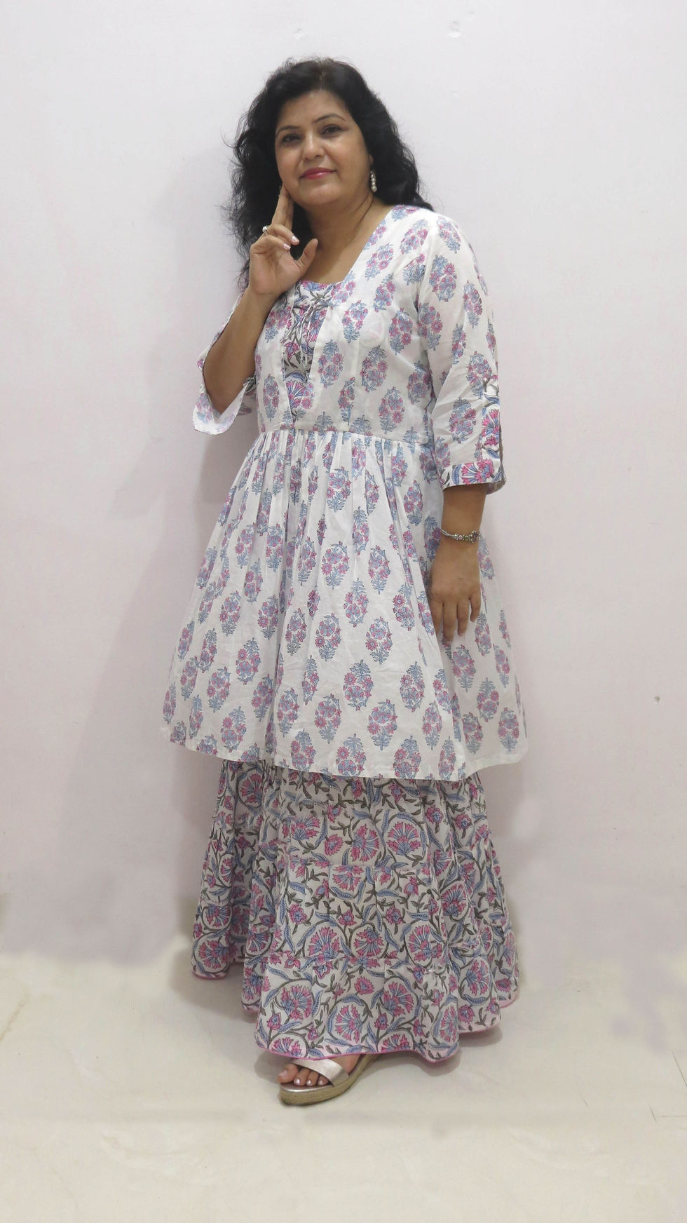 Pink and White Floral Cotton Sharara Set