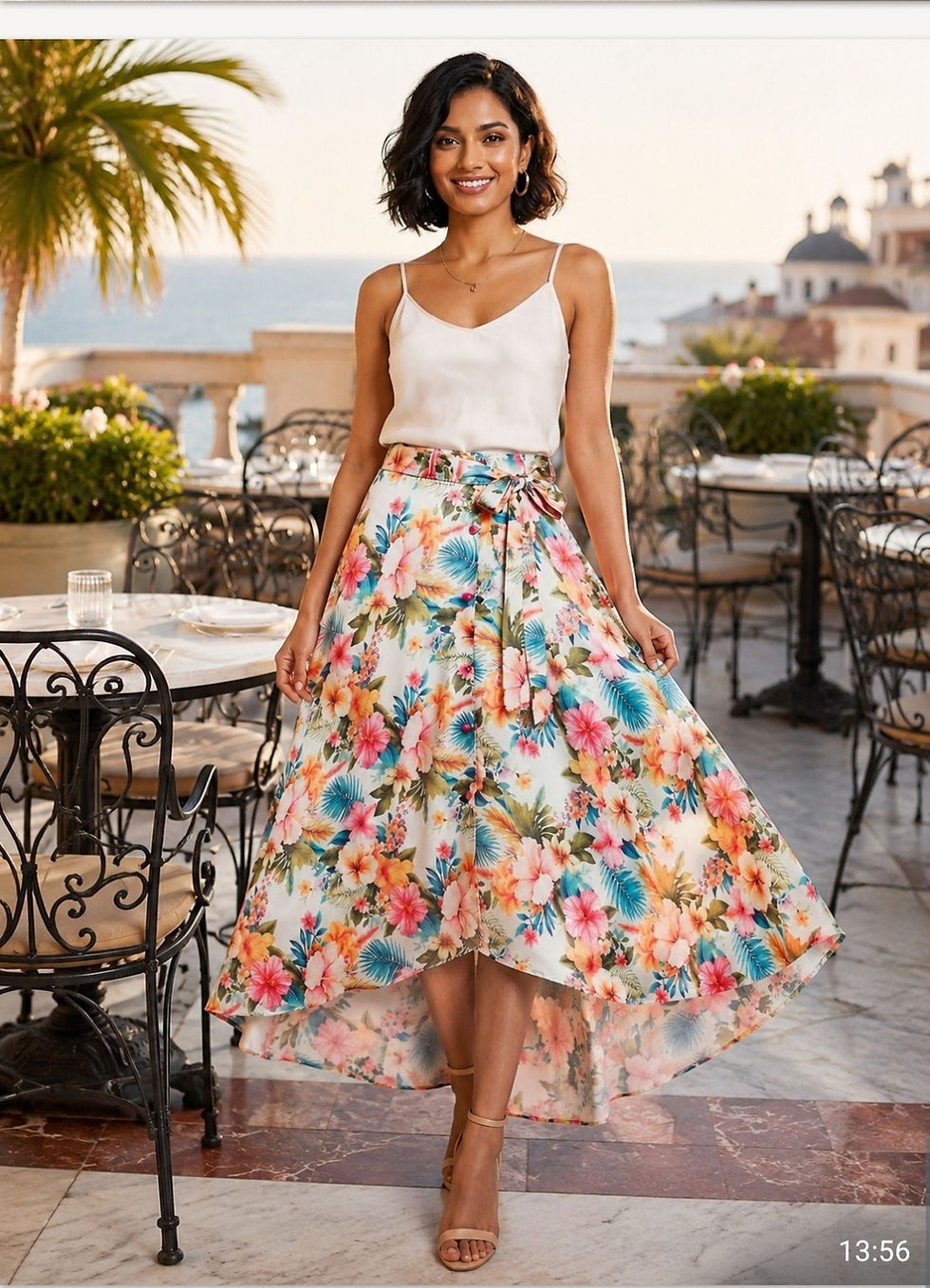 Thumbnail: Floral Multicoloured High-low Modal Satin Skirt