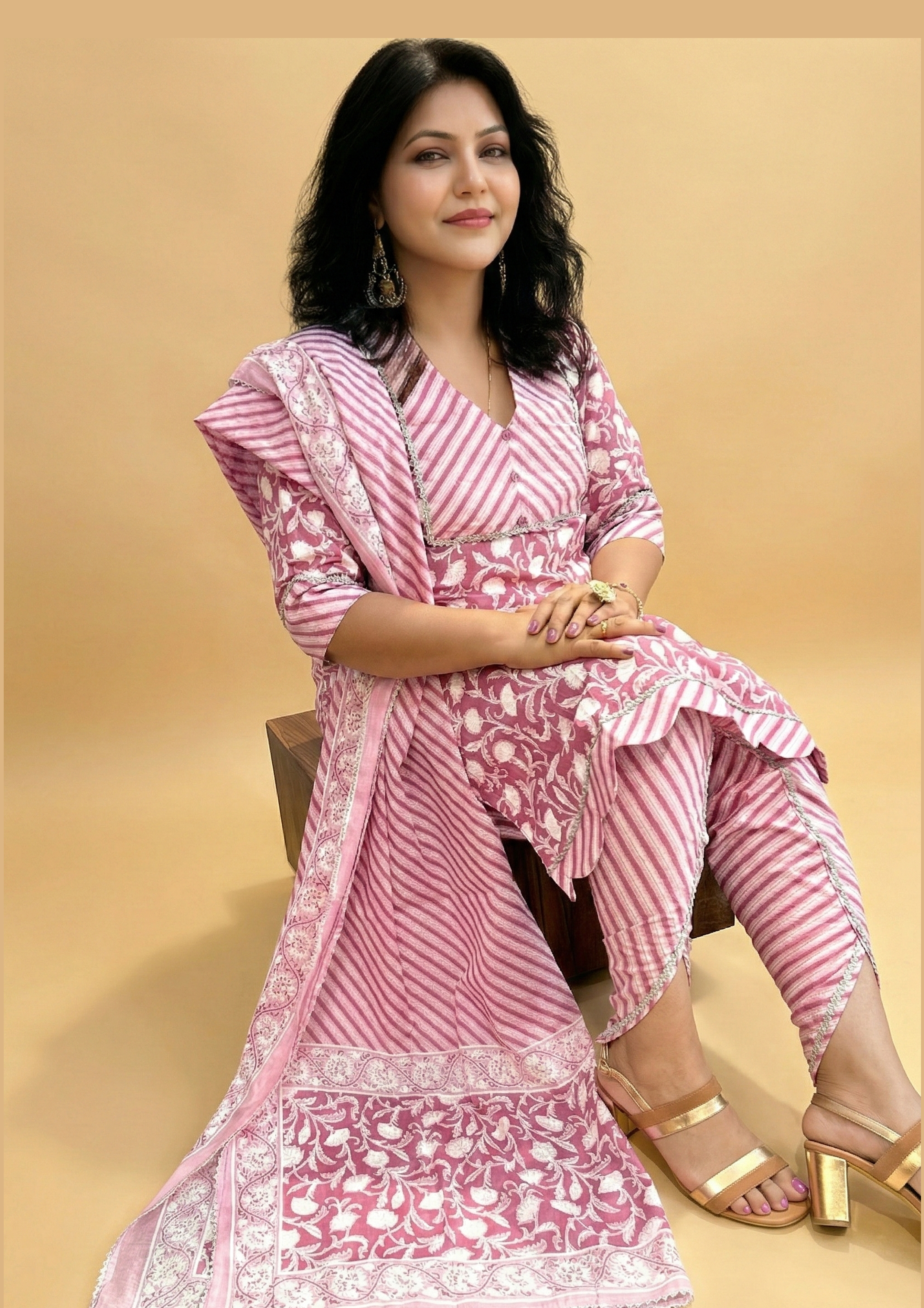 Suit Set Lilac Pink Block Printed Tulip Pant