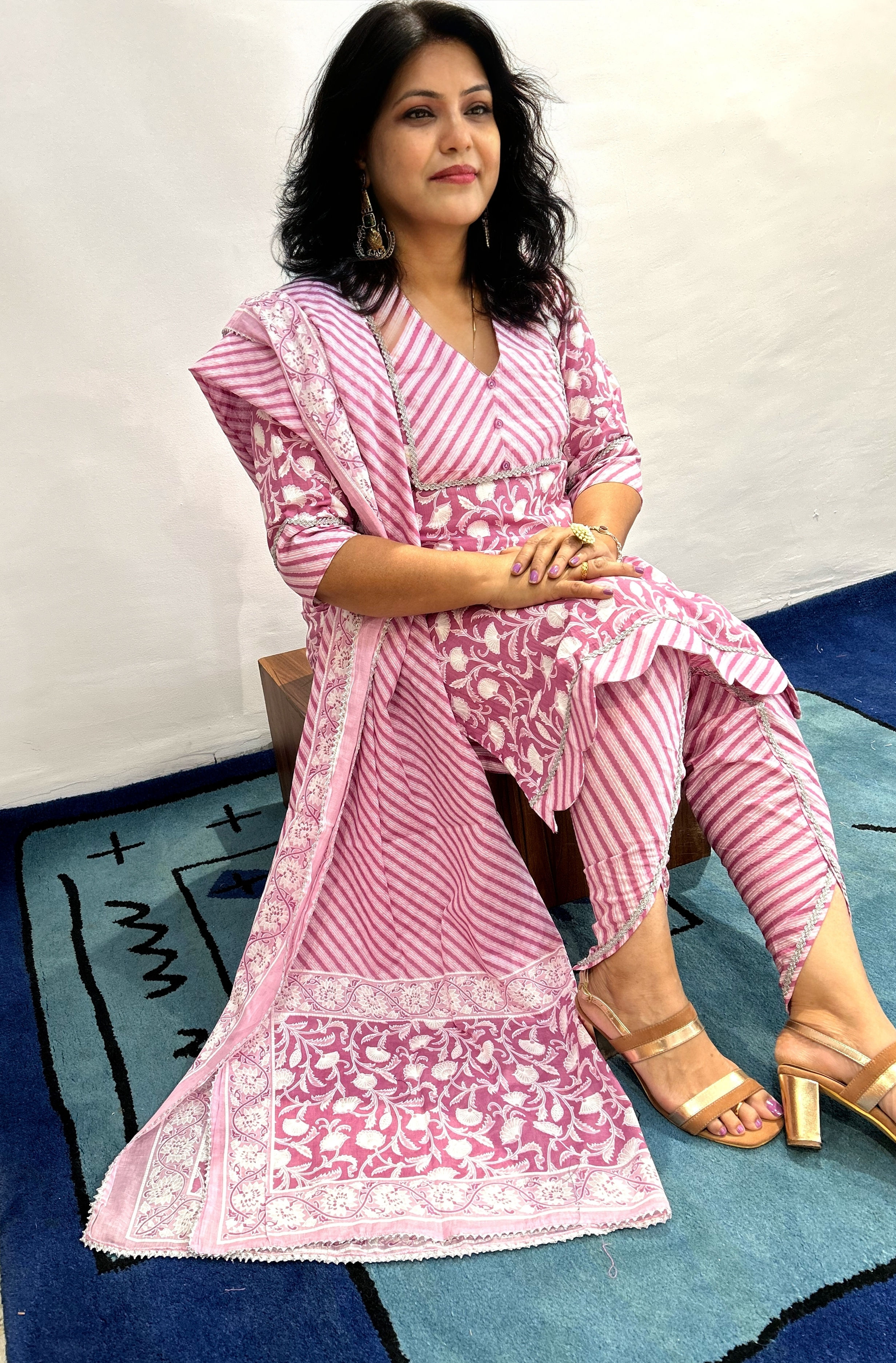 Suit Set Lilac Pink Block Printed Tulip Pant