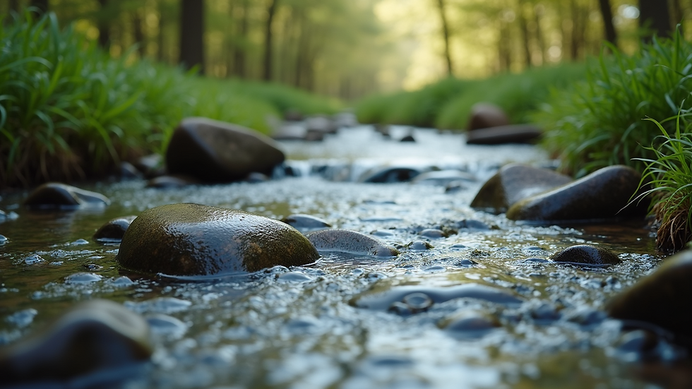 Close-up view of a serene nature scene with a flowing stream