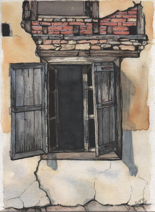 An old wooden window open to a dark room.  The wall is yellow and white cracked concrete, with patches of red and orange brick underneath showing through.  