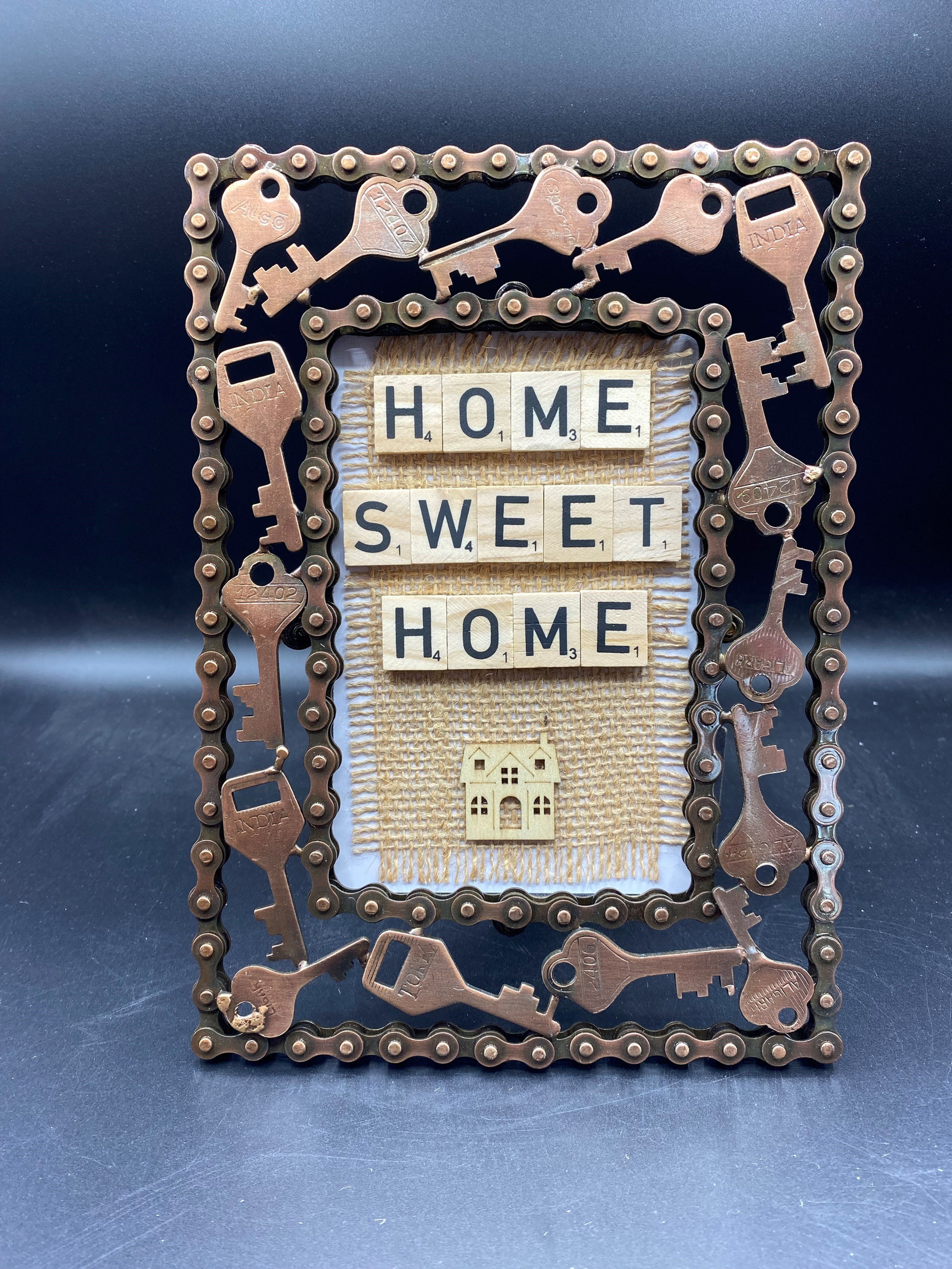 Recycled Bike Chain and Keys Picture Frame, Home Sweet Home Theme