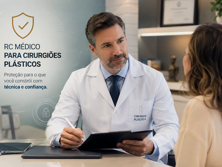 Fotografia institucional de um cirurgião plástico em consultório moderno, usando jaleco e analisando um prontuário ou conversando com uma paciente fora de qualquer ambiente cirúrgico. A composição pode incluir discretamente elementos gráficos que remetam à proteção, como um escudo ou linhas de segurança, sem imagens de procedimentos, sangue, partes do corpo ou comparações de “antes e depois”.