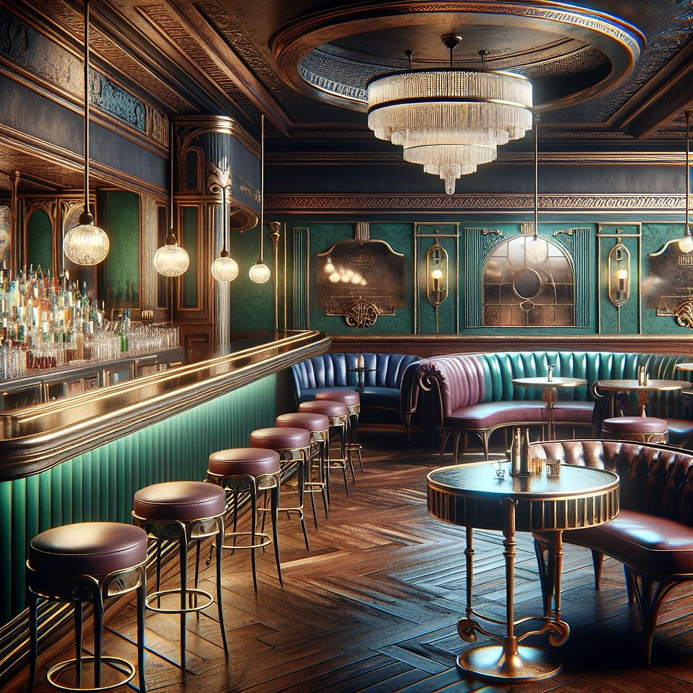 speakeasy bar from the Prohibition era with rich, deep hues, vintage decor, jewel tones like emerald green, sapphire blue, and amethyst purple, distressed leather, aged wood, and metallic accents