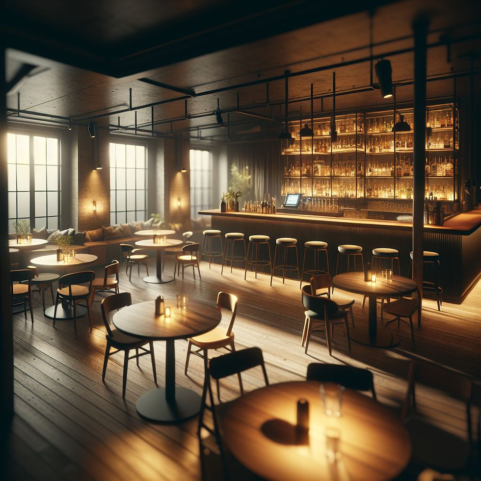 Dimly lit bar with wooden tables, chairs, and a backlit shelf of bottles. Soft lighting creates a warm, cozy atmosphere. No people present.