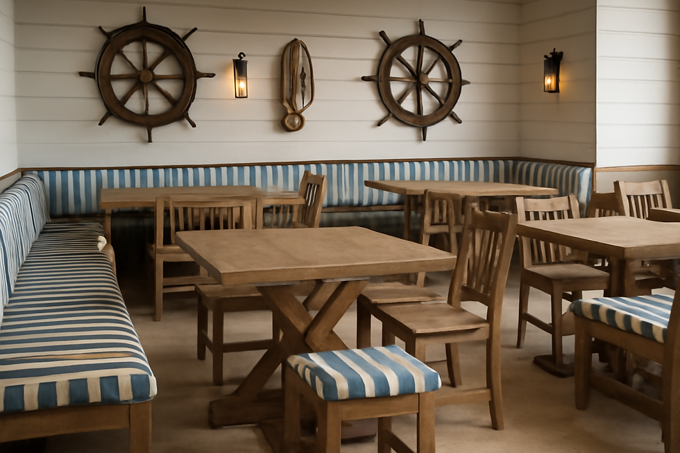 Nautical-themed cafe with wooden tables and blue-striped seating. Ship wheels and lanterns on white walls create a cozy atmosphere.