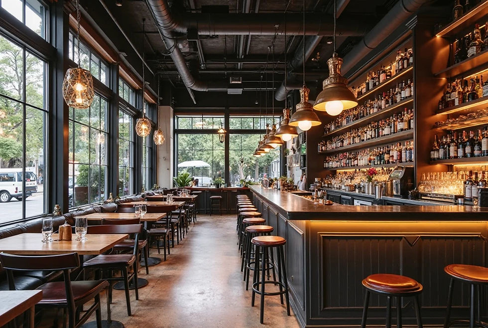 Cozy bar interior with a long counter, stools, and wooden tables. Warm lighting and large windows overlook a street. Bottles line the shelves.