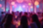 Close-up view of patrons enjoying a themed event under aurora-inspired decor