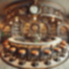 the steampunk-inspired bar with a rounded, circular bar counter