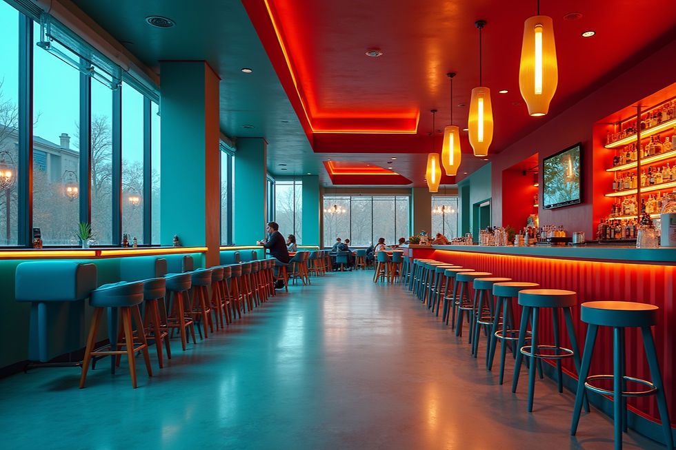 Modern bar with colorful lighting, turquoise stools, and patrons at tables. Large windows reveal trees outside. Cozy and vibrant atmosphere.