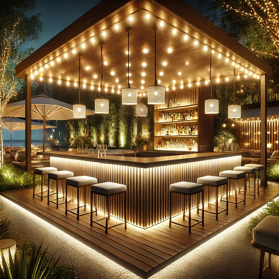 a luxurious outdoor bar with layered lighting to transform the atmosphere