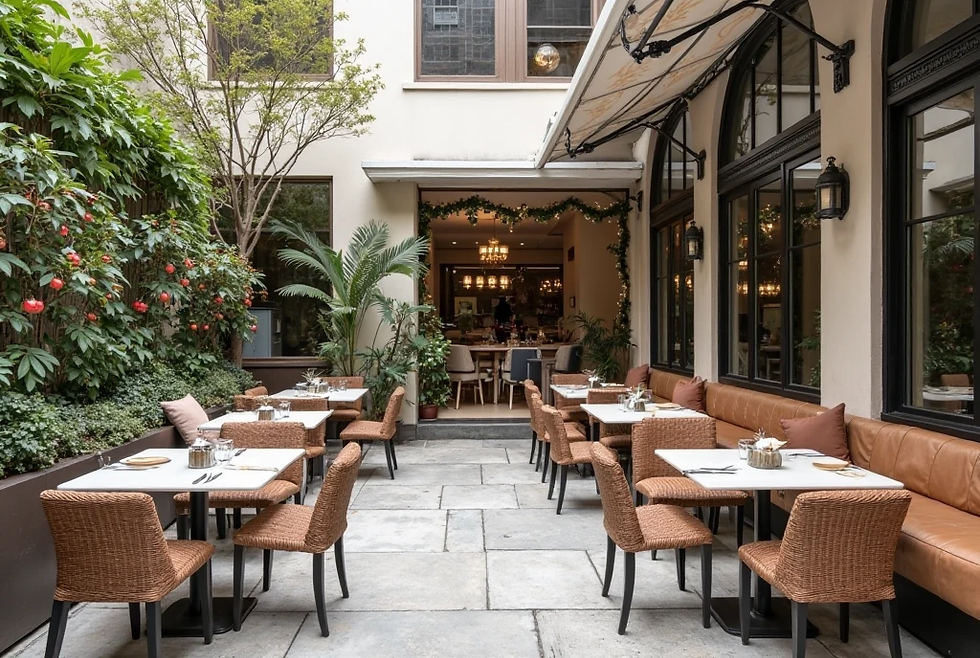 Outdoor restaurant with empty wicker chairs and white tables, surrounded by lush greenery. Neutral tones and a warm, inviting atmosphere.