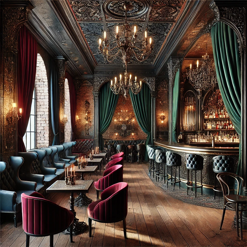 A gothic-style bar interior with a dramatic and luxurious atmosphere. The color palette includes rich burgundy, forest green, midnight blue, and black, accented with gold and silver highlights
