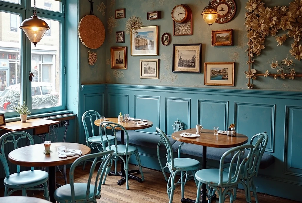 Cozy cafe with teal walls and vintage decor. Empty turquoise chairs around round tables. Sunlight streams in through windows, creating a calm mood.