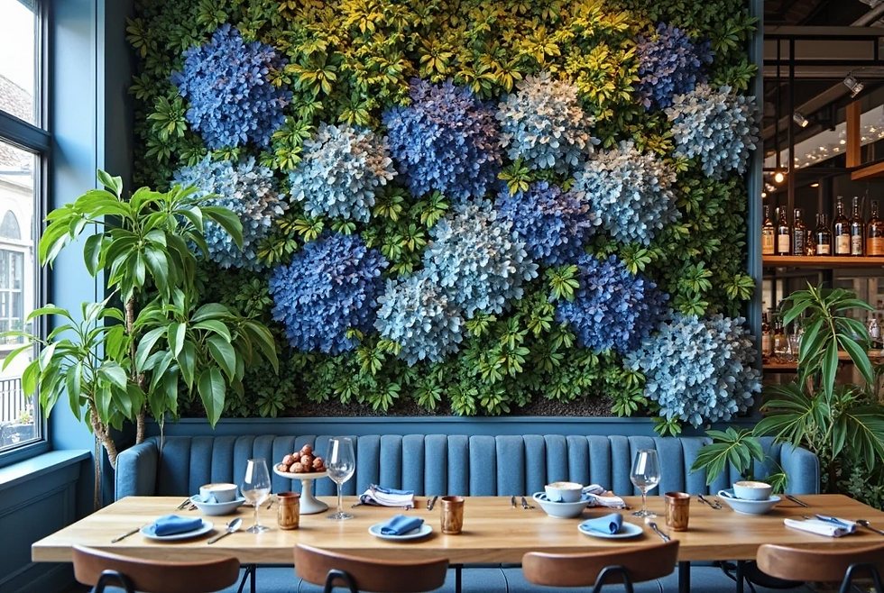 Dining area with a blue floral wall, wooden table set with blue napkins and dishes. Lush green plants enhance the serene ambiance.