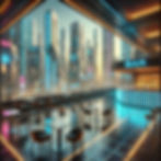 the modern, cyberpunk rooftop bar set at night, with additional seating and a vibrant neon-lit atmosphere. 