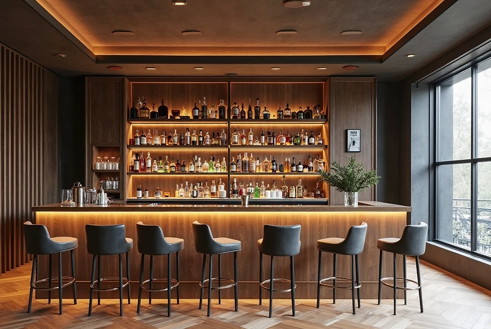 A stylish bar with shelves of liquor bottles, wooden decor, and gray stools. Warm lighting creates a cozy atmosphere. Large window on the right.