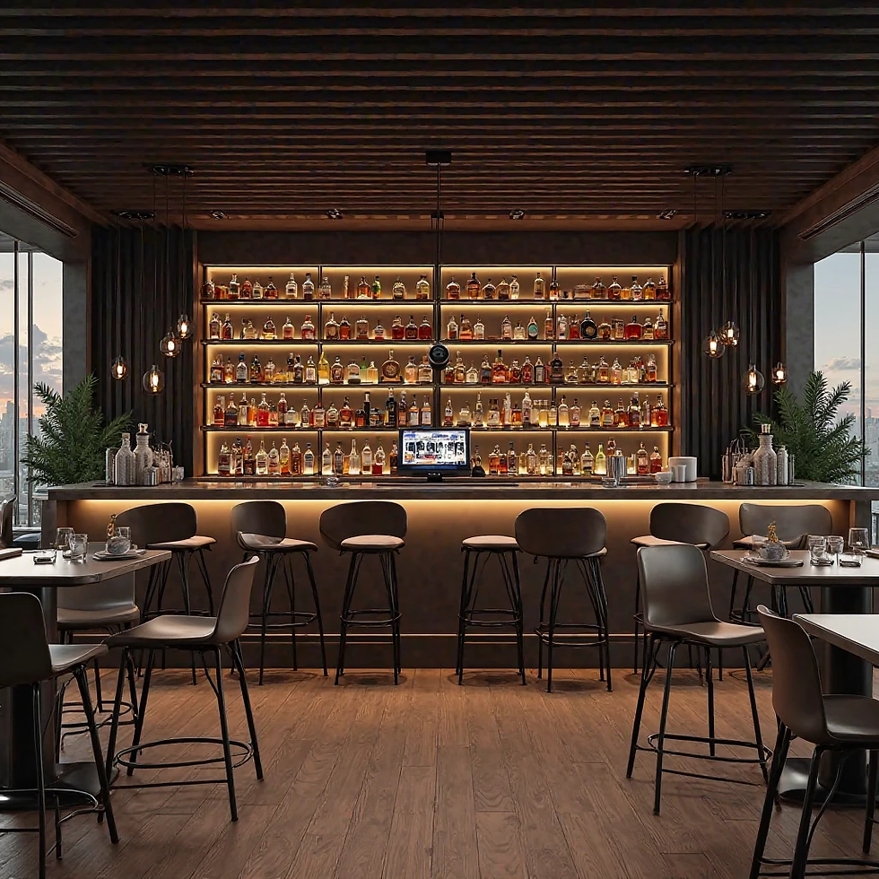 Modern bar with shelves full of bottles, dim lighting, and sleek brown stools. Tables are set, and large windows show a skyline view.