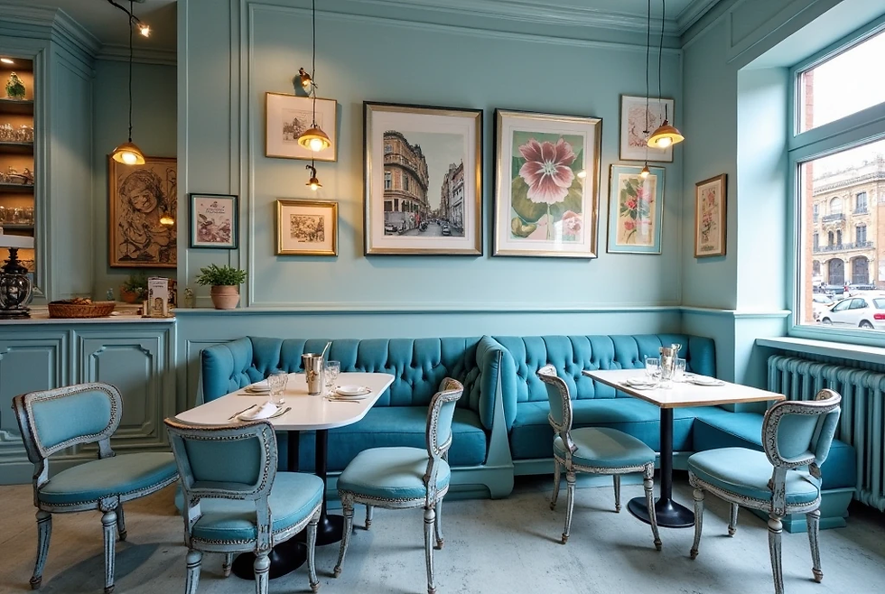 Elegant cafe with teal decor, framed art on walls, and a cozy mood. Tables set for dining near a window with street view.