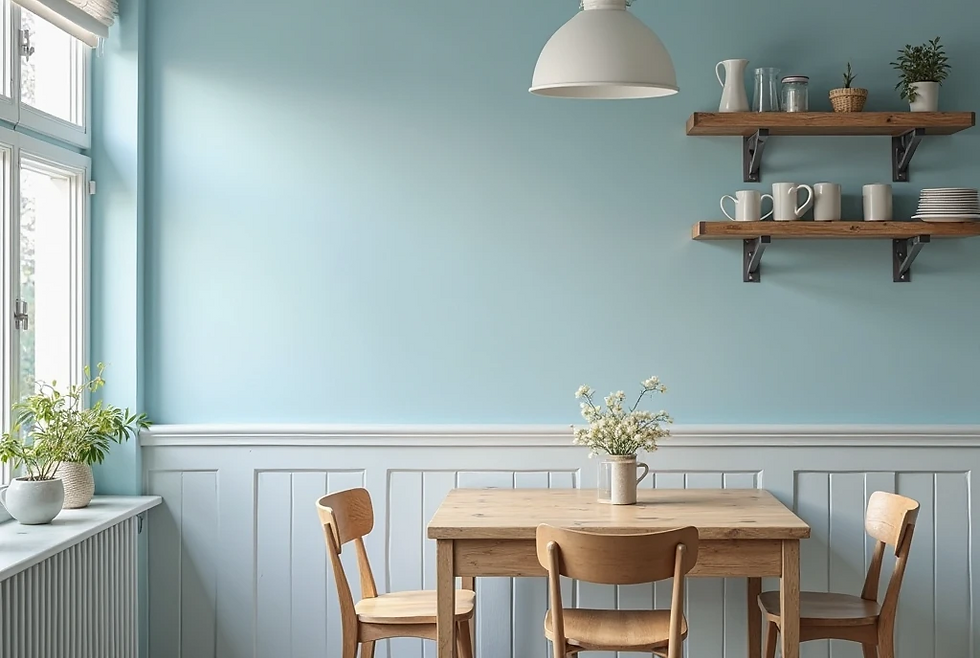 Cozy kitchen with light blue walls, wooden table and chairs. White pendant light, wall shelves with mugs, plates. Sunny and serene mood.