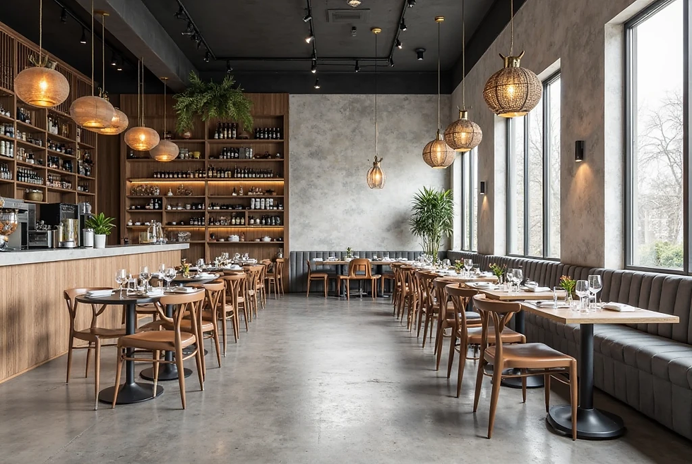 Cozy restaurant interior with wood tables, cushioned benches, and hanging wicker lights. Large windows, neutral tones, and a relaxed mood.