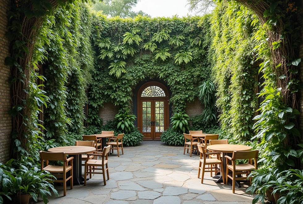Lush green courtyard with climbing plants covering walls, surrounding wooden tables and chairs on a stone patio. Arched door in background.