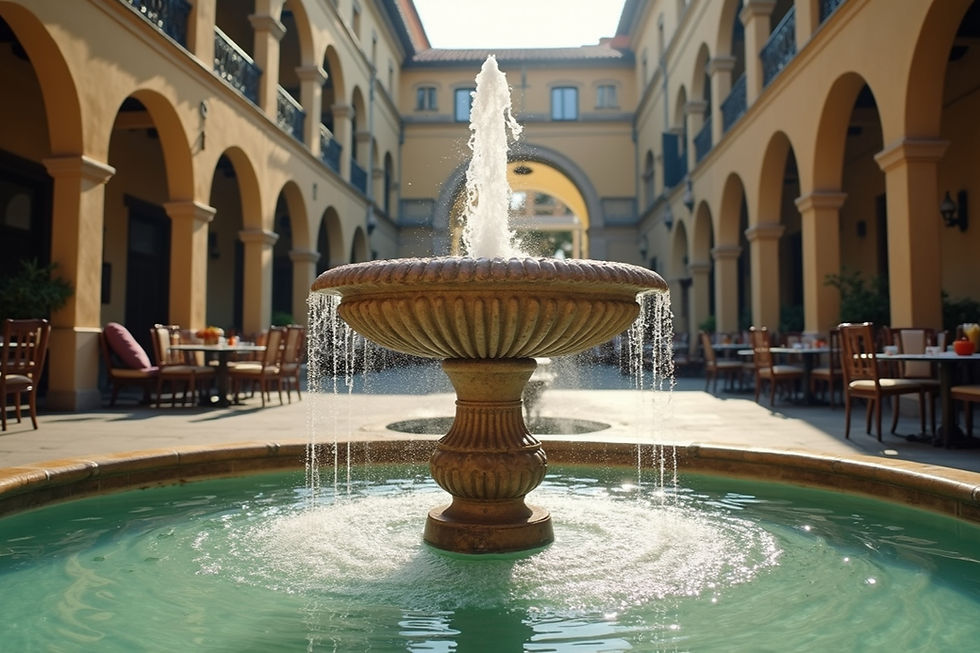 Sunny courtyard with a central stone fountain flowing into a circular pool. Surrounded by arched buildings, tables, and chairs. Peaceful mood.