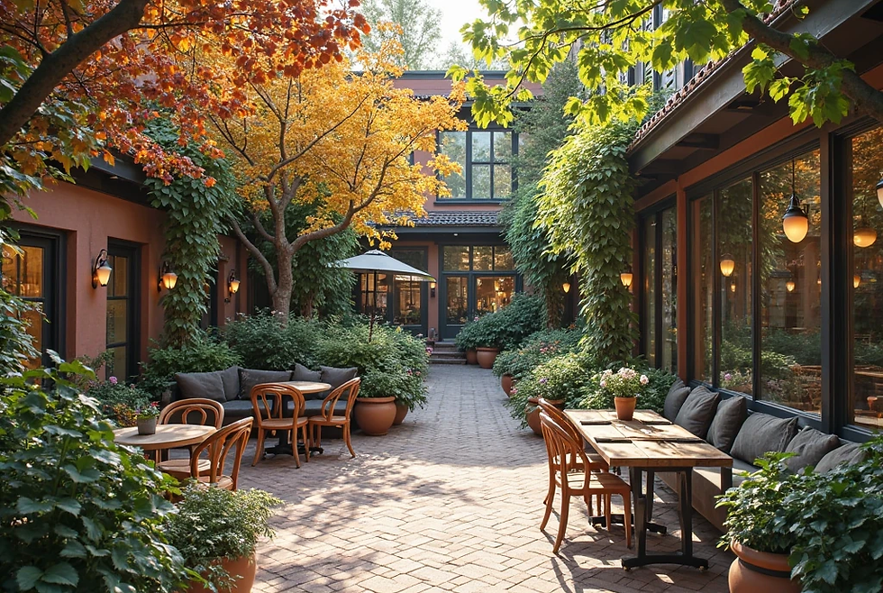 Charming courtyard with autumn trees, lush greenery, wooden tables, and chairs. Warm lighting creates a cozy, inviting atmosphere.