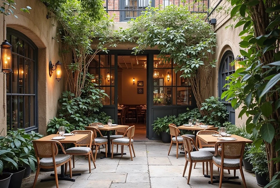 Cozy outdoor restaurant patio with wooden tables, wicker chairs, and lush greenery. Warm lights glow inside. Inviting, serene atmosphere.