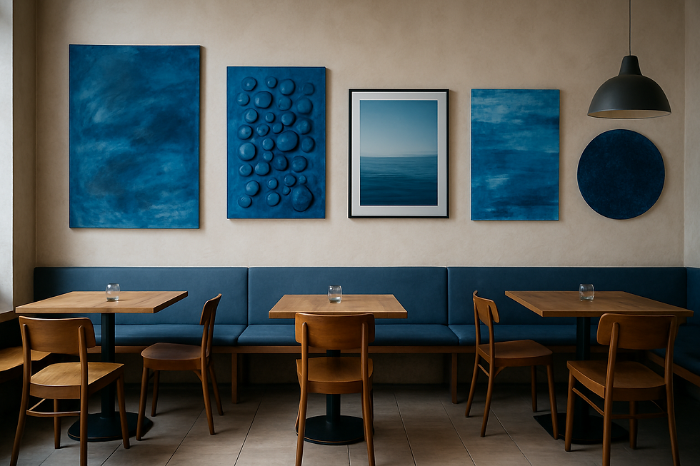 Wooden tables, chairs, blue cushioned seating, blue abstract art on beige walls, minimal setting, glass candle holders, pendant light.