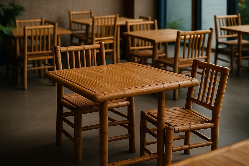 Wooden tables and chairs in an empty cafe with a warm, cozy atmosphere. Soft lighting highlights the natural textures and patterns.