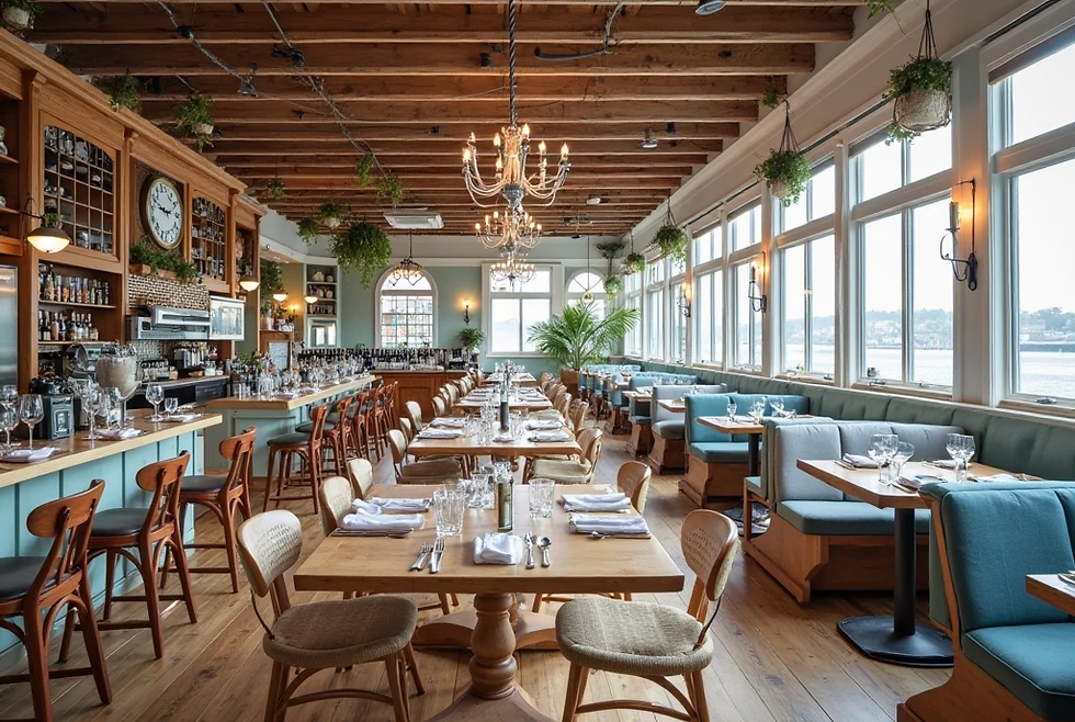 Spacious, elegant restaurant with wooden tables, teal cushioned booths, a chandelier, large windows, and a coastal view, creating a serene mood.