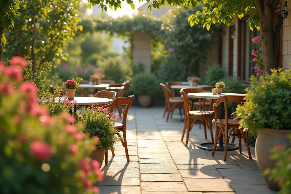 Outdoor café patio with empty wooden tables and chairs, surrounded by lush greenery and pink flowers in soft, warm sunlight. Peaceful mood.