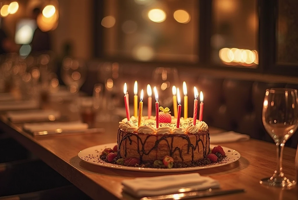 Birthday cake with lit candles on a decorated table in a dimly lit room, creating a warm, celebratory atmosphere.