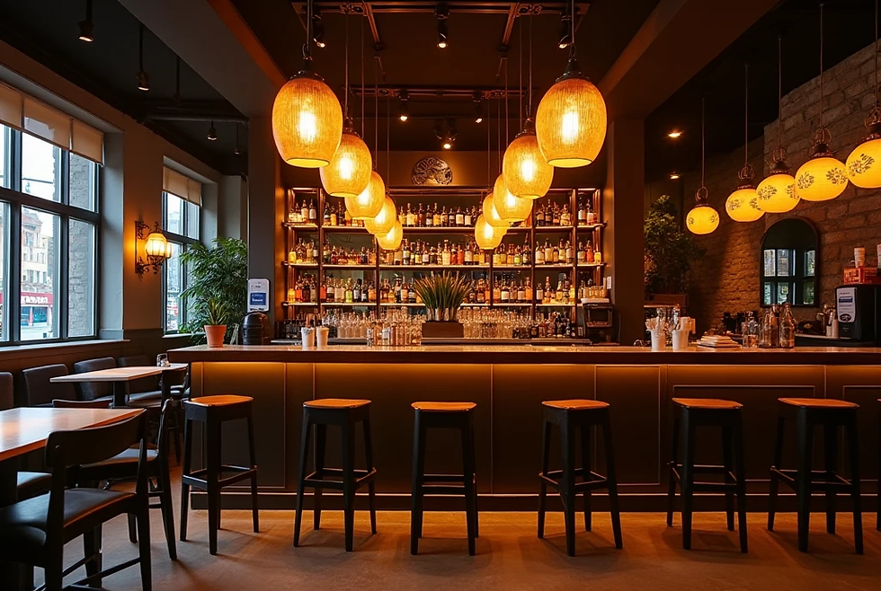 Cozy bar interior with pendant lights and a stocked backlit shelf. Wooden stools line the counter. Warm ambiance with large windows.
