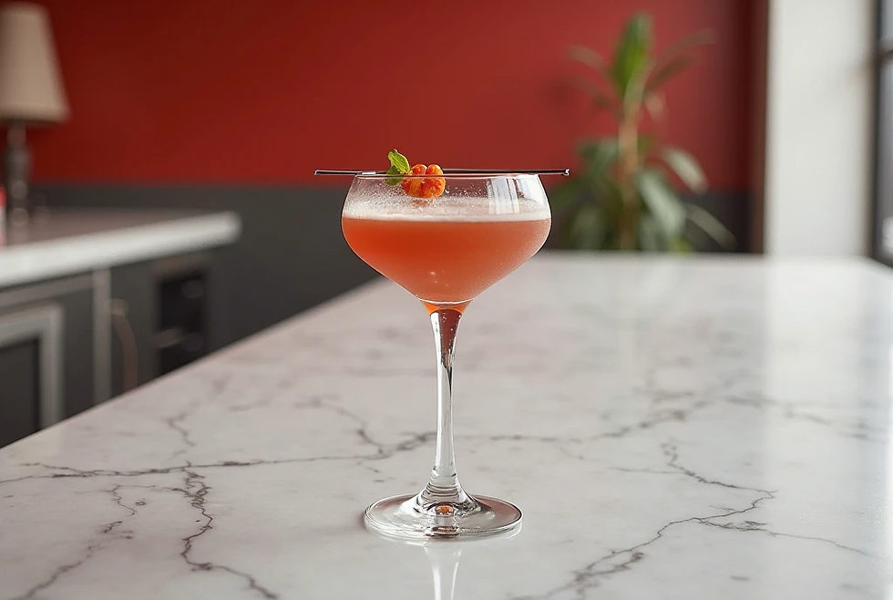 Pink cocktail garnished with a flower on a marble counter. Blurred red and gray interior with a plant in the background, modern vibe.