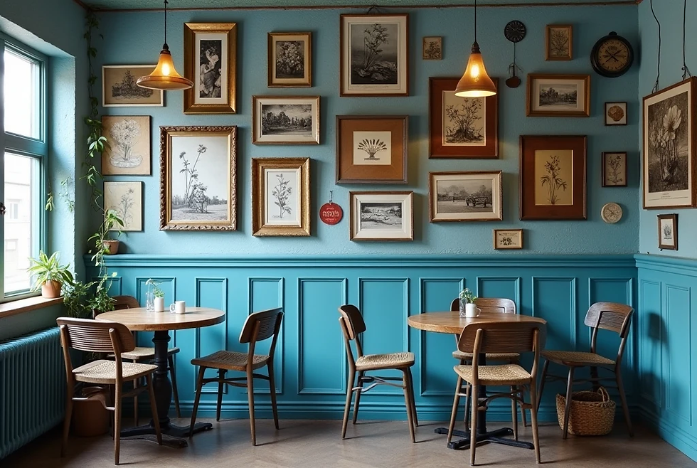 Cozy cafe with teal walls adorned with framed art. Three wooden tables and chairs, plants on windowsill. Warm lighting creates vintage ambiance.