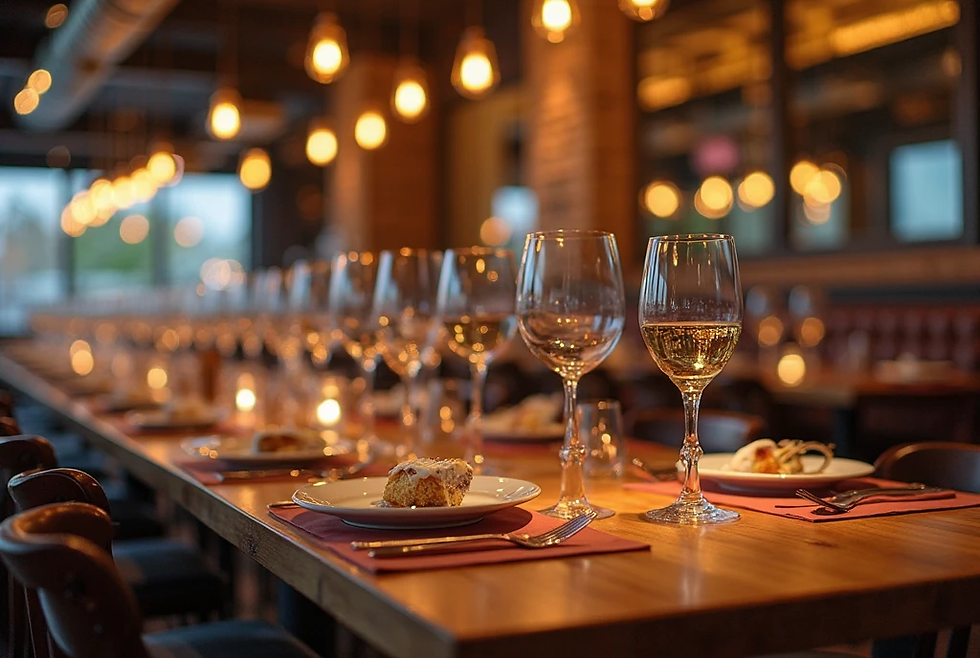 Elegant restaurant with dim lighting, set tables with wine glasses, plates, and candles. Warm ambiance with glowing hanging lights.
