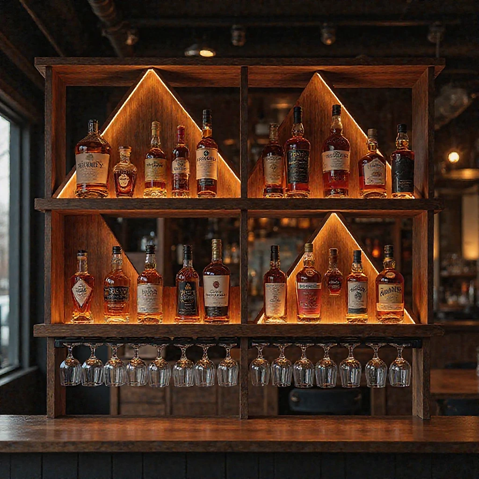 Illuminated bar shelf with various liquor bottles and hanging glasses. Warm lighting creates a cozy, inviting atmosphere.
