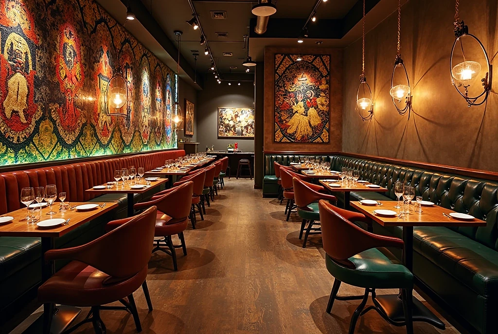 Cozy restaurant with empty tables set for dining. Colorful mosaic wall art, warm lighting, and green leather seating create a lively atmosphere.
